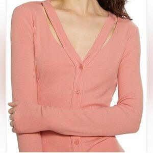 Paige Pink Orange Long Sleeve V-Neck Ribbed Button-Down Knit Top Size XS